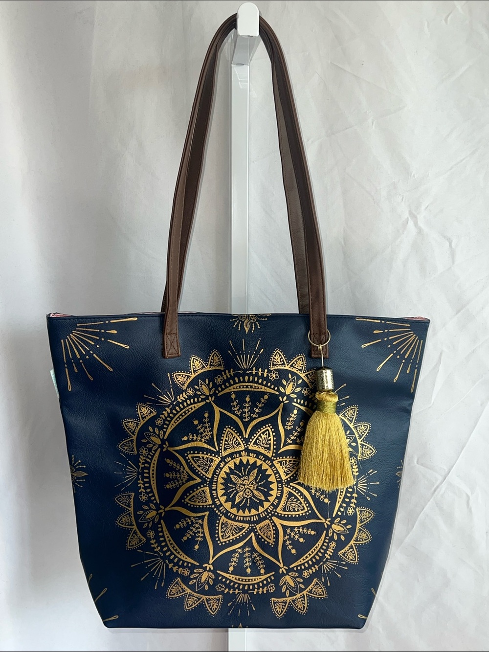 Papaya Navy Tote with Gold Mandala and Brown Straps Pink Satan Lined - Picture 1 of 16